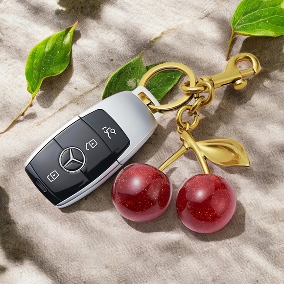 🆕️ Glitzy Cherry Delight Fashion Glitter Resin Cherry Bag Gold Charm Keychain - Picture 5 of 13